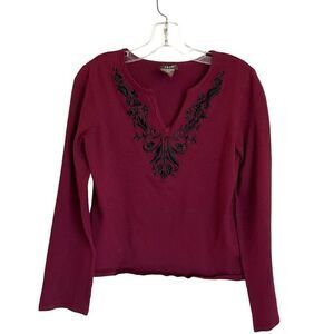 JBXR Womens Knit Embroidered V Neck Long Sleeve Pullover Burgundy Sweater Small